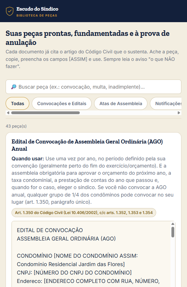 Biblioteca com 43 peças prontas, cada uma com o artigo do Código Civil